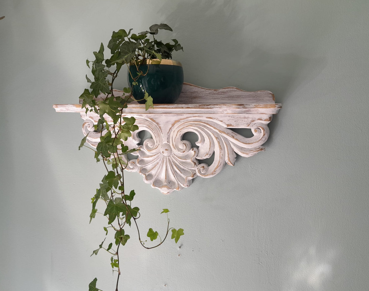 Hand Carved Wooden Shelf | Ornate Baroque Distressed White Decor