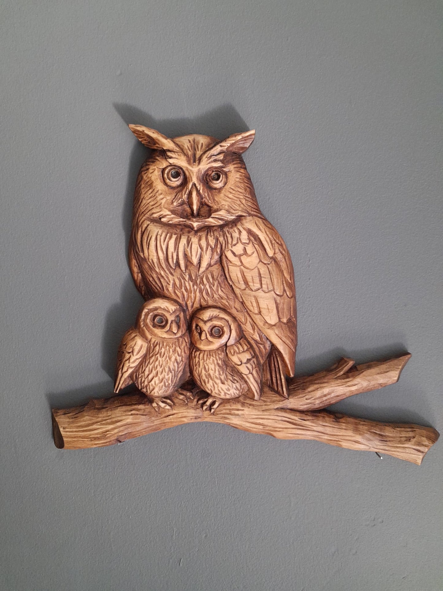 Hand-Carved Owl with Young – Linden Wood Wall Relief, Nature Wall Decoration, Unique Handmade Art