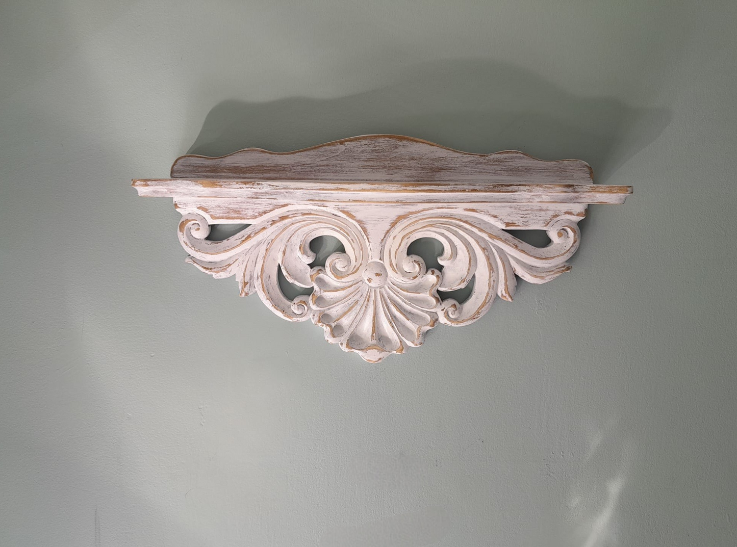 Hand Carved Wooden Shelf | Ornate Baroque Distressed White Decor