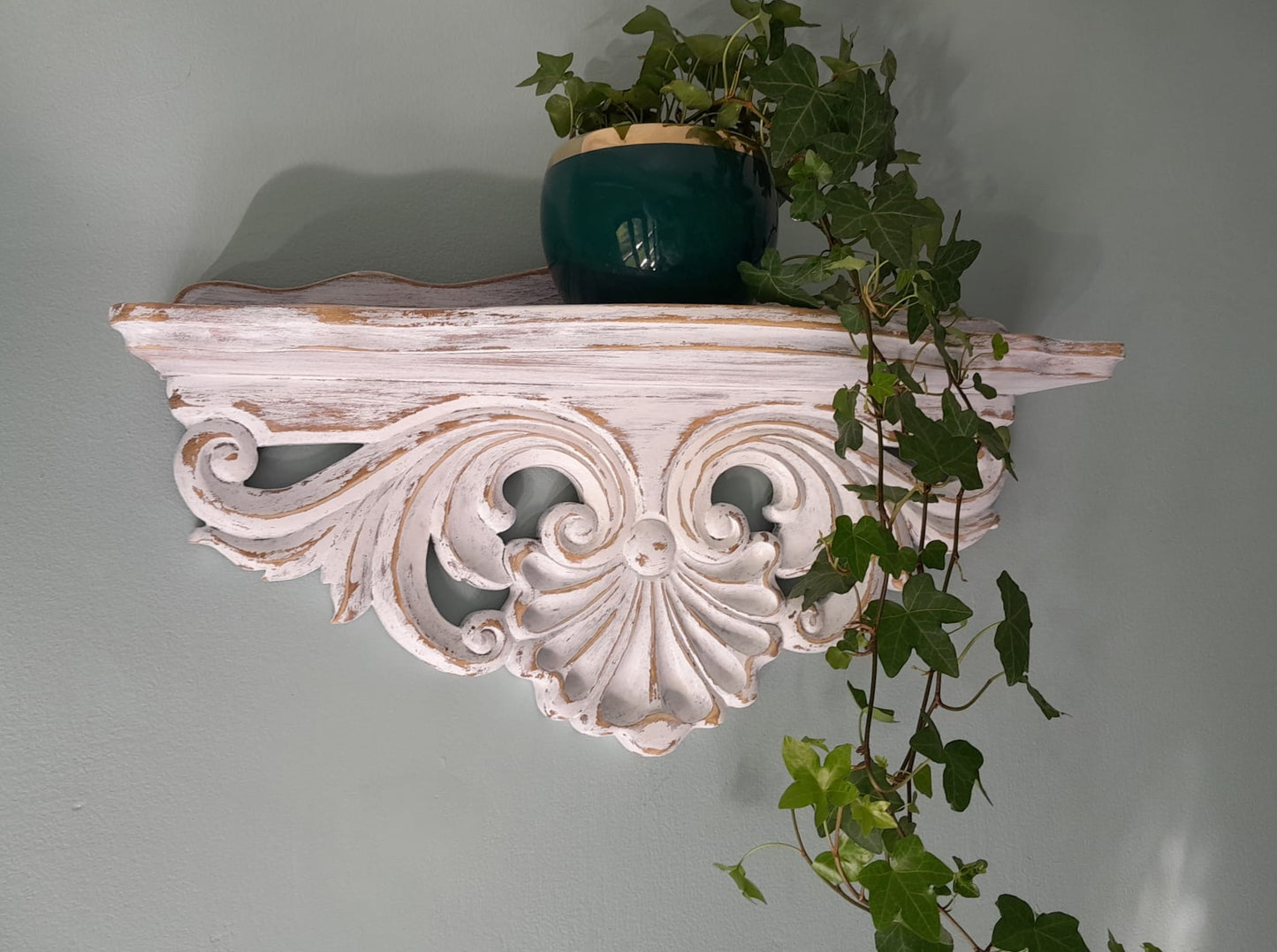 Hand Carved Wooden Shelf | Ornate Baroque Distressed White Decor