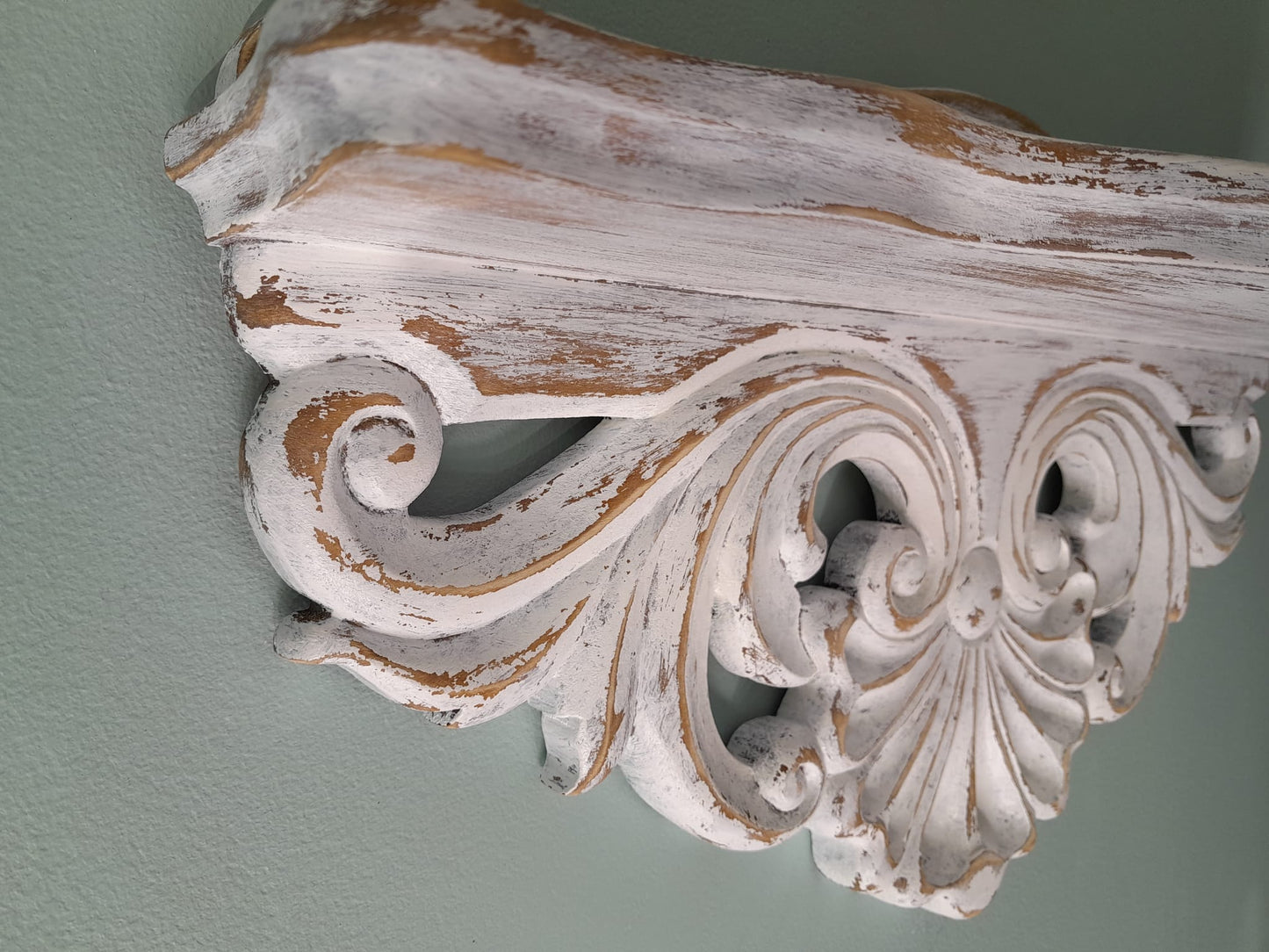 Hand Carved Wooden Shelf | Ornate Baroque Distressed White Decor