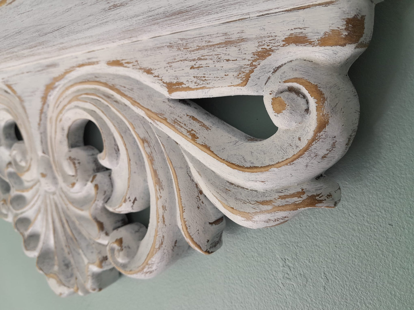 Hand Carved Wooden Shelf | Ornate Baroque Distressed White Decor